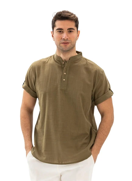 Kısa Kol Şantuklu Pamuk Bodrum Erkek Yazlık Tshirt Haki 3049 - Resim 6