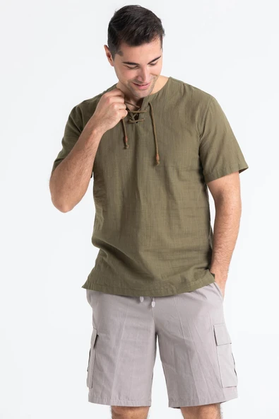 Kısa Kol Şile Bezi Zımbalı Erkek Yazlık Tshirt Haki 3049 - 1