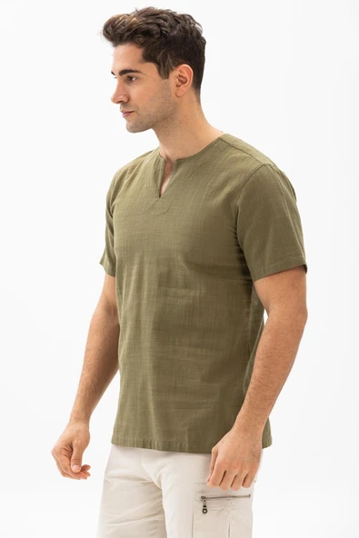 Kısa Kol Şile Bezi Bisiklet Yaka Erkek Yazlık Tshirt Haki 3049 - Resim 3