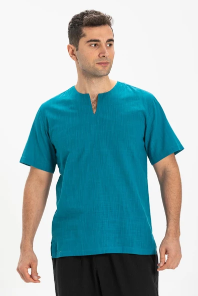 Kısa Kol Şile Bezi Bisiklet Yaka Erkek Yazlık Tshirt Petrol 3053 - 3