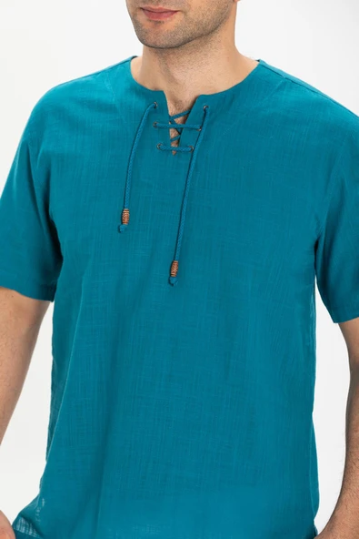 Kısa Kol Şile Bezi Zımbalı Erkek Yazlık Tshirt Petrol 3053 - 3