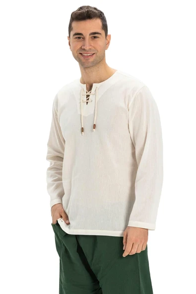 Uzun Kol Şile Bezi Zımbalı Erkek Yazlık Tshirt Krem 3002 - 5