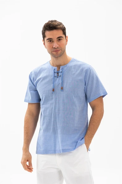 Kısa Kol Şile Bezi Zımbalı Erkek Yazlık Tshirt Mavi 3032 - 1