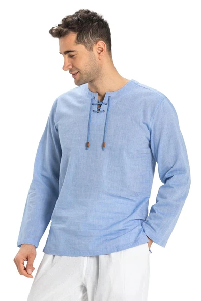Uzun Kol Şile Bezi Zımbalı Erkek Yazlık Tshirt Mavi 3032 - 4