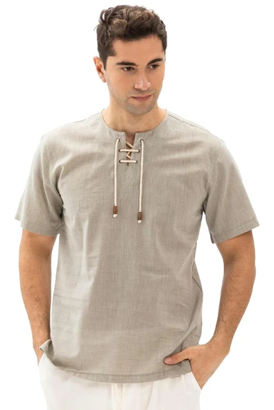 Kısa Kol Şile Bezi Zımbalı Erkek Yazlık Tshirt Taş 3031 - 6