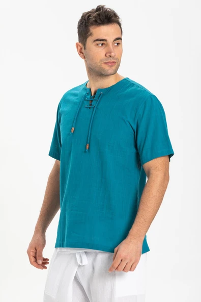 Kısa Kol Şile Bezi Zımbalı Erkek Yazlık Tshirt Petrol 3053