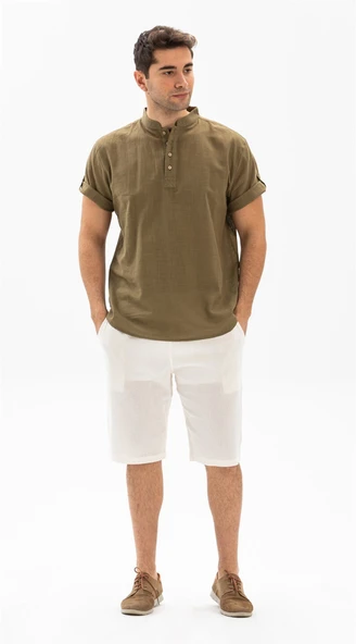 Kısa Kol Şantuklu Pamuk Bodrum Erkek Yazlık Tshirt Haki 3049 - Resim 4