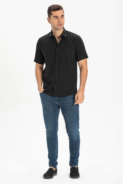 Kısa Kol Şile Bezi Tek Cepli Erkek Yazlık Gömlek Siyah 3003 - Resim 4