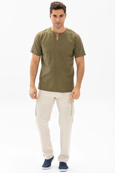 Kısa Kol Şile Bezi Bisiklet Yaka Erkek Yazlık Tshirt Haki 3049 - Resim 4