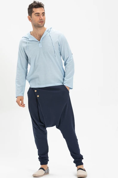 Şile Bezi Kapüşonlu Erkek Yazlık Sweatshirt Buz Mavi Bmv 2XL Buz Mavi - 4