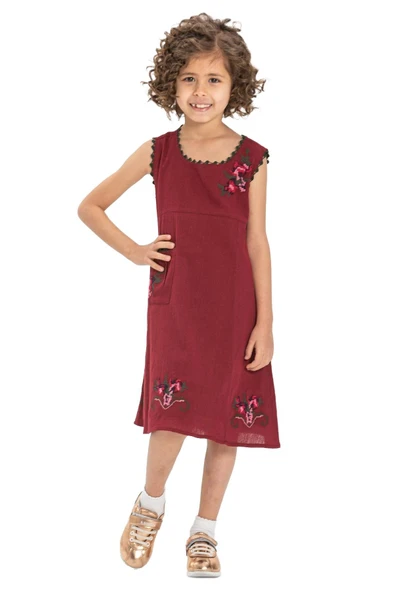 Burçak Şile Bezi Kız Çocuk Yazlık Elbise Bordo Brd 2-3 Yaş Bordo - 5
