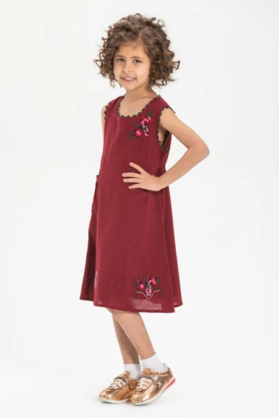 Burçak Şile Bezi Kız Çocuk Yazlık Elbise Bordo Brd 2-3 Yaş Bordo - 3