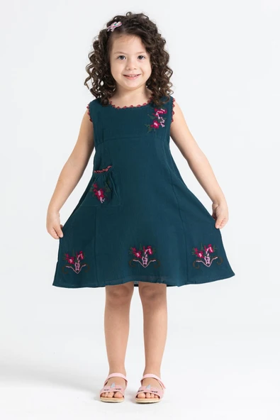 Burçak Şile Bezi Kız Çocuk Yazlık Elbise Petrol Ptrl - Resim 5