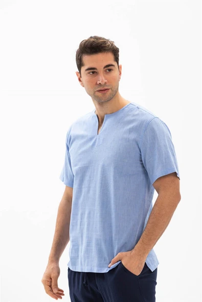 Kısa Kol Şile Bezi Bisiklet Yaka Erkek Yazlık Tshirt Mavi 3032 - Resim 3