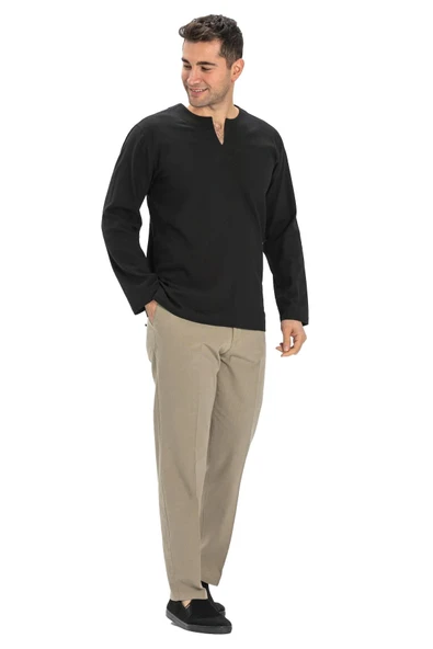 Uzun Kol Şile Bezi Bisiklet Yaka Erkek Yazlık Tshirt Siyah 3003 - 6