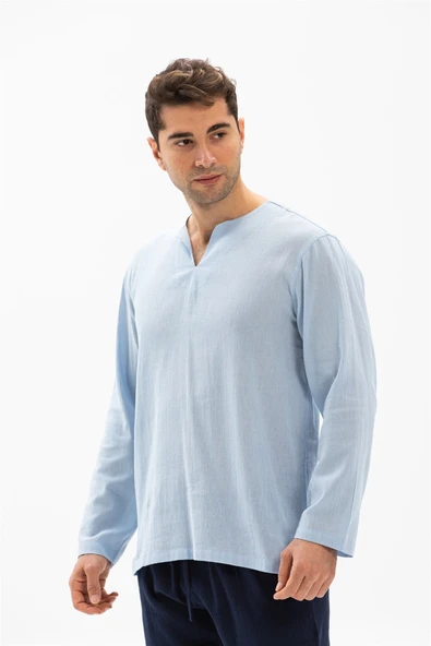 Uzun Kol Şile Bezi Bisiklet Yaka Erkek Yazlık Tshirt Buz Mavi 3027 - Resim 3