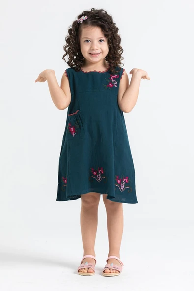 Burçak Şile Bezi Kız Çocuk Yazlık Elbise Petrol Ptrl ürün görseli