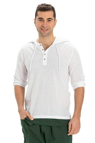 Şile Bezi Kapüşonlu Erkek Yazlık Sweatshirt Beyaz Byz S Beyaz - 7