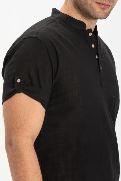 Kısa Kol Şantuklu Pamuk Bodrum Erkek Yazlık Tshirt Siyah 3003 - 3