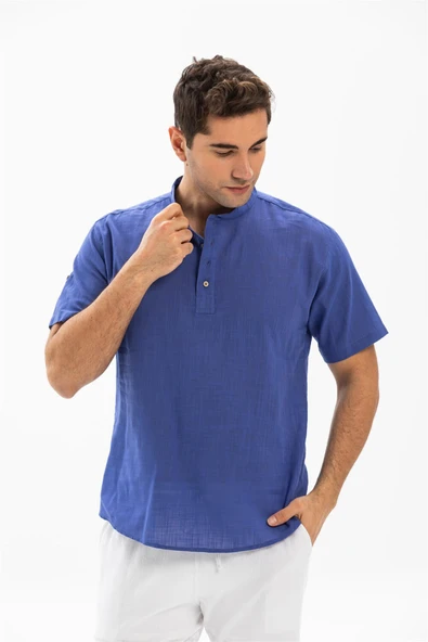 Kısa Kol Şantuklu Pamuk Bodrum Erkek Yazlık Tshirt Saks 3050 - 3