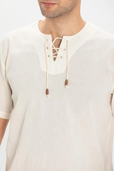 Kısa Kol Şile Bezi Zımbalı Erkek Yazlık Tshirt Krem 3002 - Resim 3