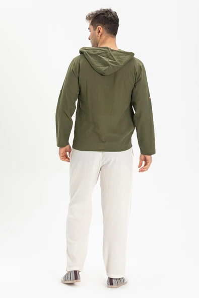 Şile Bezi Kapüşonlu Erkek Yazlık Sweatshirt Haki Hk 2XL Haki - 2