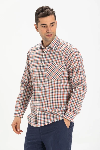 Uzun Kol Şile Bezi Tek Cepli Erkek Yazlık Gömlek Turuncu Lacivert Pötikare 3021 - Resim 3