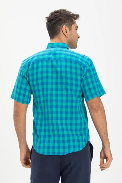 Kısa Kol Şile Bezi Tek Cepli Erkek Yazlık Gömlek Mint Kareli 3033 - 2