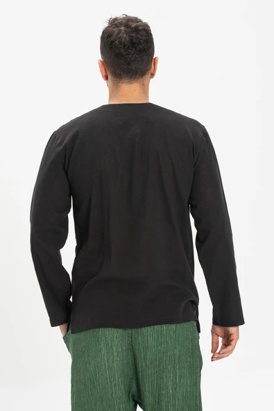 Uzun Kol Şile Bezi Zımbalı Erkek Yazlık Tshirt Siyah 3003 - Resim 4