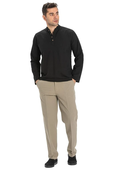 Uzun Kol Şantuklu Pamuk Bodrum Erkek Yazlık Tshirt Siyah 9003 S Siyah - 5