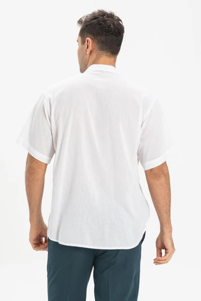 Kısa Kol Şile Bezi Tek Cepli Hakim Yaka Erkek Yazlık Tshirt Beyaz 3001 - 2