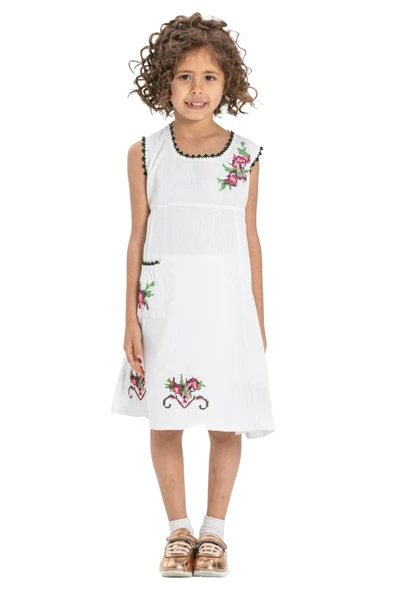 Burçak Şile Bezi Kız Çocuk Yazlık Elbise Beyaz Byz - 5