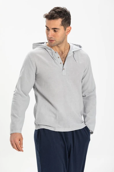 Şile Bezi Kapüşonlu Erkek Yazlık Sweatshirt Gri Gri 2XL Gri - 1