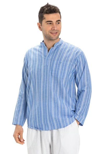 Uzun Kol Şile Bezi Tek Cepli Hakim Yaka Erkek Yazlık Tshirt Mavi Beyaz Çizgili 3019 - 4