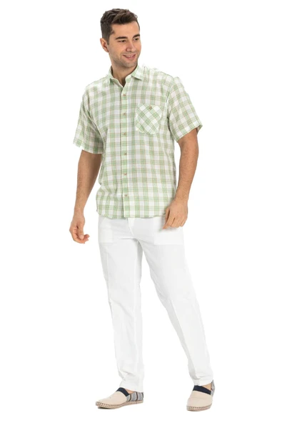 Kısa Kol Şile Bezi Tek Cepli Erkek Yazlık Gömlek Yeşil Ekose 3063 - 5