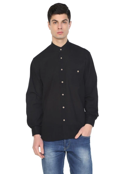 Uzun Kol Şile Bezi Hakim Yaka Tek Cepli Erkek Yazlık Gömlek Siyah 3003 ürün görseli