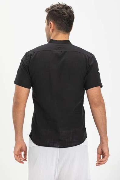 Kısa Kol Şantuklu Pamuk Bodrum Yazlık Erkek Gömlek Siyah 3003 - Resim 2