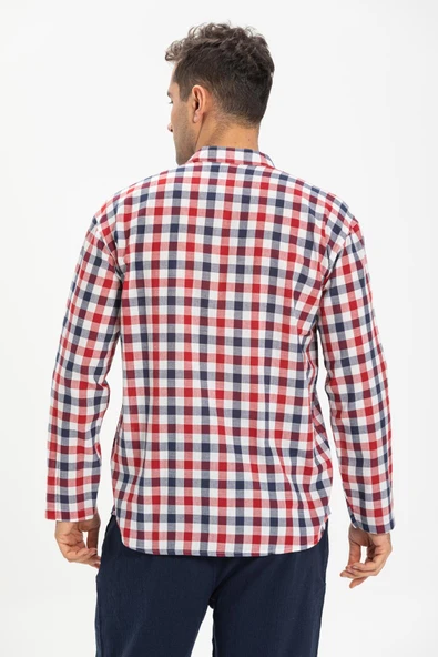 Uzun Kol Şile Bezi Tek Cepli Hakim Yaka Erkek Yazlık Tshirt Kırmızı Lacivert Kareli 3008 - 2