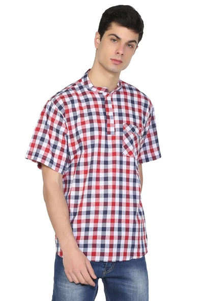 Kısa Kol Şile Bezi Tek Cepli Hakim Yaka Erkek Yazlık Tshirt Kırmızı Lacivert Kareli 3008 - Resim 4