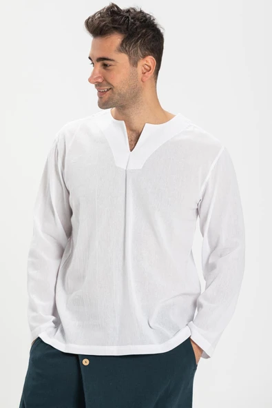 Uzun Kol Şile Bezi Bisiklet Yaka Erkek Yazlık Tshirt Beyaz 3001 - 3