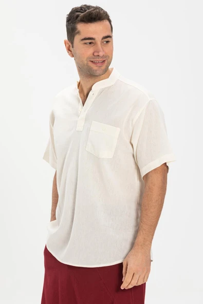 Kısa Kol Şile Bezi Tek Cepli Hakim Yaka Erkek Yazlık Tshirt Krem 3002 - 4