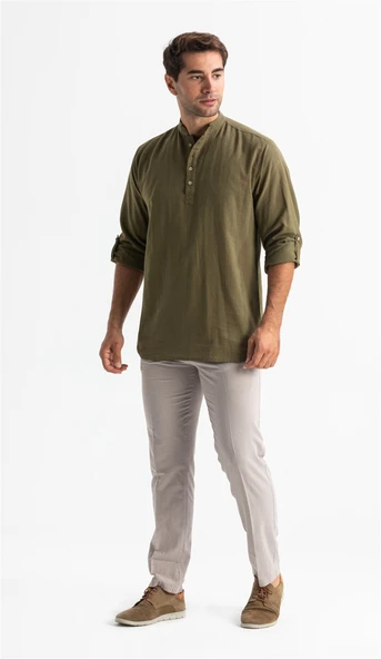 Uzun Kol Şantuklu Pamuk Bodrum Erkek Yazlık Tshirt Düz Haki 9004 S Düz Haki - 5
