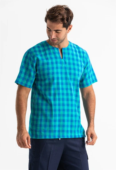 Kısa Kol Şile Bezi Bisiklet Yaka Erkek Yazlık Tshirt Mint Kareli 3033 - 3