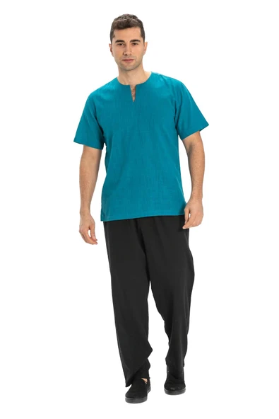 Kısa Kol Şile Bezi Bisiklet Yaka Erkek Yazlık Tshirt Petrol 3053 - 6