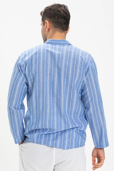 Uzun Kol Şile Bezi Tek Cepli Hakim Yaka Erkek Yazlık Tshirt Mavi Beyaz Çizgili 3019 - 2
