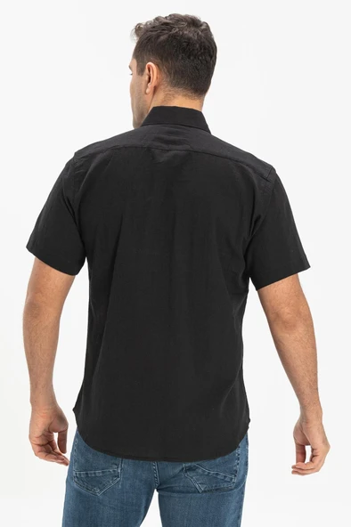 Kısa Kol Dar Kalıp Şile Bezi Tek Cepli Erkek Yazlık Gömlek Siyah 3003 - 2