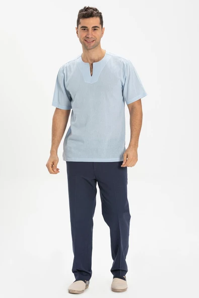 Kısa Kol Şile Bezi Bisiklet Yaka Erkek Yazlık Tshirt Buz Mavi 3027 - 3