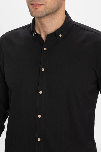 Uzun Kol Dar Kalıp Şile Bezi Tek Cepli Erkek Yazlık Gömlek Siyah 3003 - Resim 3