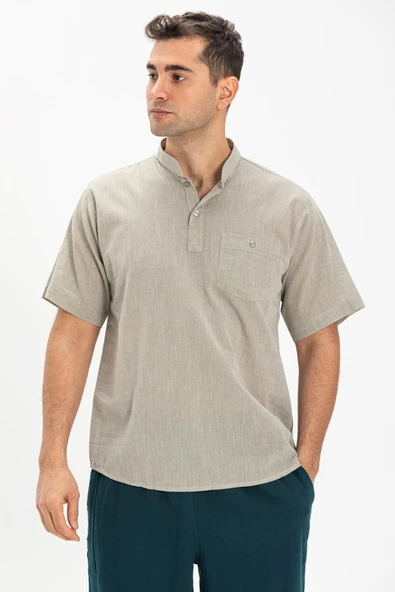 Kısa Kol Şile Bezi Tek Cepli Hakim Yaka Erkek Yazlık Tshirt Taş 3031 - Resim 3