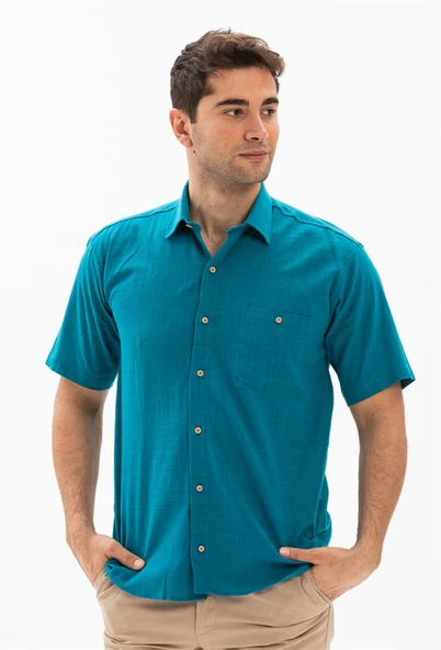 Kısa Kol Şile Bezi Tek Cepli Erkek Yazlık Gömlek Petrol 3053